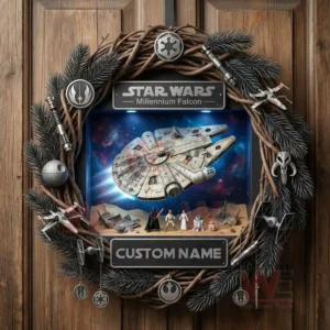 Christmas wreath with a detailed space ship galaxy background miniature characters sci fi symbols dark pine branches and decorative ornaments displayed on a wooden door!