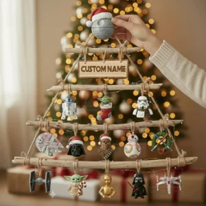 Hand lifting a rustic wooden Christmas tree decorated with star wars ornaments and glowing lights in a festive room!