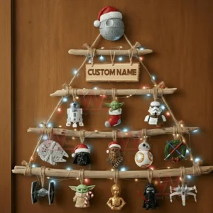 Star Wars Premium Rustic Wall Christmas Tree 3 Rustic wooden wall Christmas tree decorated with star wars ornaments and colorful lights hanging on a wooden door!