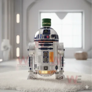 A small robot like bottle with metallic panels and visible amber liquid stands on a white rug in a bright room.