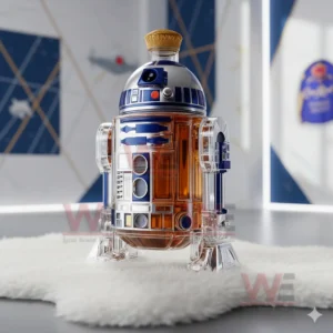 Star Wars R2D2 Whiskey Bottle 5 A robot inspired bottle with a shiny dome clear legs and amber liquid positioned on a white rug in a styled room.