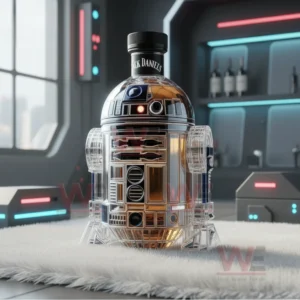 Star Wars R2D2 Whiskey Bottle 6 A compact robot style bottle with metallic panels and amber liquid sits on a rug inside a high tech room.