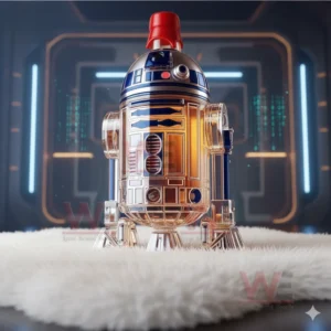 Star Wars R2D2 Whiskey Bottle 7 A shiny robot like bottle with clear limbs and amber liquid positioned on a soft rug in a modern tech themed room.