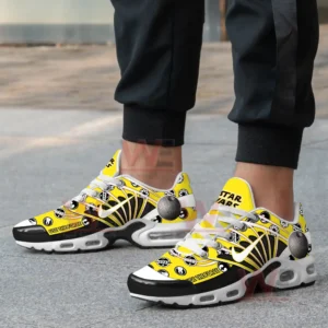 Star Wars Use The Force Air Max Plus TN Shoes 7 Yellow and black Star Wars shoes with emblem graphics worn by a person on pavement!