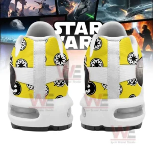 Star Wars Use The Force Air Max Plus TN Shoes 8 Rear view of yellow Star Wars shoes with emblem designs and movie scenes behind!