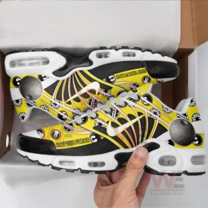 Star Wars Use The Force Air Max Plus TN Shoes 9 Yellow and black Star Wars shoes with emblem graphics held above an open shoe box!