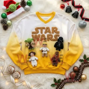 Star Wars v neck crochet sweatshirt with yellow accents handmade crochet characters and festive holiday decorations displayed on a cozy surface!