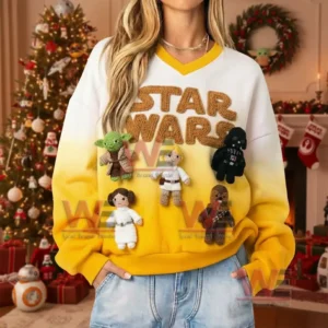 Star Wars V-Neck Crochet Sweatshirt 3 Model wearing a Star Wars v neck crochet sweatshirt with festive decorations and a cozy holiday background!