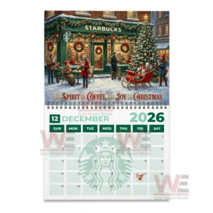A winter holiday themed calendar page showing a lively coffee shop storefront with people and festive decor!