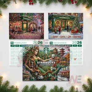 Starbucks 2026 Wall Calendar 8 A display of multiple calendar illustrations each showing a unique seasonal themed coffee shop setting!