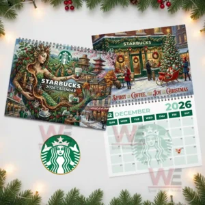Starbucks 2026 Wall Calendar 9 A calendar layout displaying a fantasy themed cover and a winter holiday coffee shop illustration!