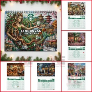 Starbucks 2026 Wall Calendar 10 A grid of themed calendar illustrations portraying various seasonal scenes centered around a coffee shop environment!