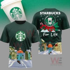 Green winter themed shirt with coffee logo on the front and illustrated snowy city scene with festive elements on the back!