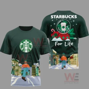 Back view of green shirt with winter coffee globe artwork and festive city illustration!