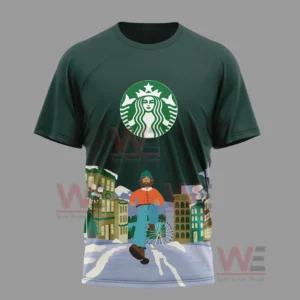 Front view of green shirt with coffee logo and illustrated winter city scene!