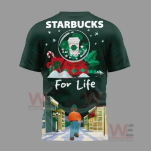 Full back design of green winter themed shirt with coffee globe and snowy city illustration!