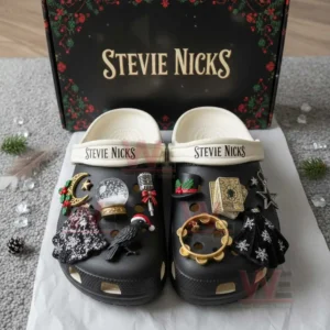 Stevie Nicks Crocs Clogs with Charm 5 Black decorated clogs with themed charms displayed on tissue paper in front of a branded gift box!