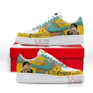 Stevie Nicks Gypsy Air Force 1 Shoes 5 Custom Nike Air Force One sneakers in yellow teal and white with Stevie Nicks inspired portraits and gypsy themed text displayed on a red shoebox against a white background