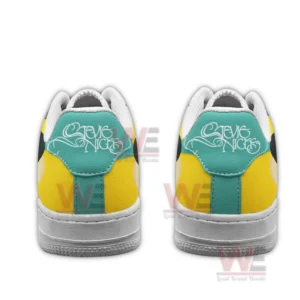 Stevie Nicks Gypsy Air Force 1 Shoes 6 Rear view of custom Nike Air Force One sneakers with teal heel tabs featuring Stevie Nicks script and yellow panels on a white background