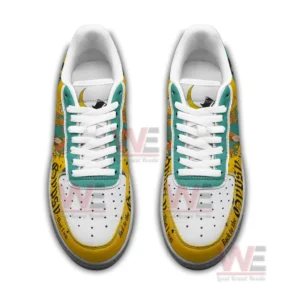 Stevie Nicks Gypsy Air Force 1 Shoes 7 Top view of custom Nike Air Force One sneakers featuring teal lace panels white laces and yellow overlays with gypsy themed text and decorative artwork