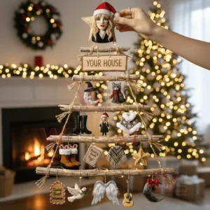 A rustic wooden wall tree decorated with artistic themed ornaments and warm lights in a festive living room!