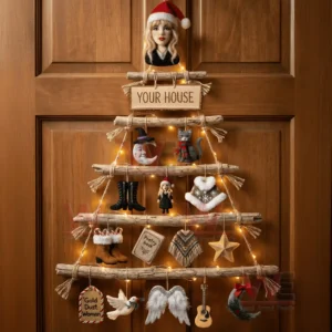 A wooden door showing a rustic christmas wall tree adorned with artistic themed ornaments and warm holiday lights!