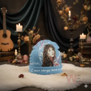Stevie Nicks Sister of the Moon Beanie Hat cap 7 Blue Stevie Nicks beanie with portrait design and mystical elements on white fur.