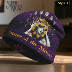 Stevie Nicks Sister of the Moon Beanie Hat cap 9 Purple Stevie Nicks beanie with portrait and moon phase graphics in dim lighting.