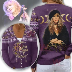 Purple cardigan sweater with moon themed design artistic portrait and celestial details shown from front and back!