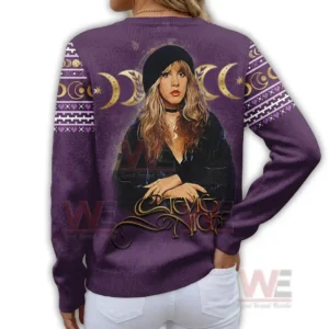Back view of purple cardigan sweater with artistic portrait and moon themed background!