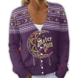 Front view of purple cardigan sweater with crescent moon graphic and decorative patterns!