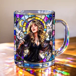 Glass mug with stained glass artwork showing a singer surrounded by doves stars and celestial patterns!