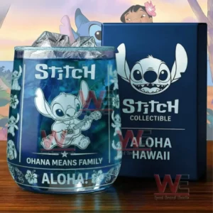 A blue drinking glass with ice and an animated character playing a guitar surrounded by tropical patterns and a boxed display behind it!