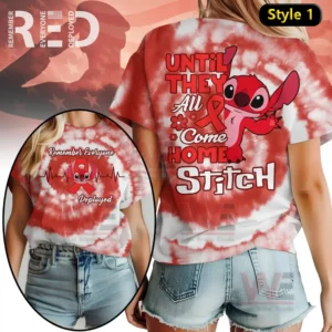 Red tie dye shirt with Stitch character red ribbon symbol and a message about unity and coming home!
