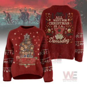 A red fuzzy sweater with illustrated characters on the front and a festive creature design on the back.