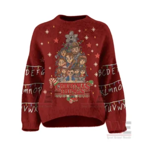 Stranger Things Christmas Things Fur Sweater 7 A red fuzzy sweater front showing cartoon characters in a tree formation with festive decorations.