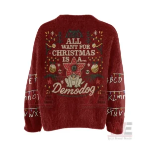 Stranger Things Christmas Things Fur Sweater 8 A red fuzzy sweater back showing a festive creature graphic with decorative holiday elements.