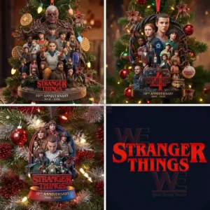 The image displays several Stranger Things anniversary ornaments showing the main cast and notable elements from the series in holiday themed scenes.
