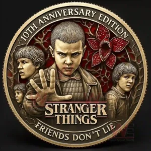 Stranger Things tenth anniversary commemorative coin featuring Eleven and the main cast with dramatic red Upside Down design and bold series title!