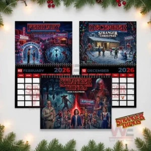 Collage of Stranger Things twenty twenty six calendar pages showing February December and the main cover.