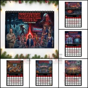Stranger Things 2026 Wall Hanging Calendar 9 Collection of Stranger Things twenty twenty six calendar pages arranged around the main cover.