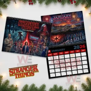 Stranger Things 2026 Wall Hanging Calendar 10 Stranger Things twenty twenty six calendar cover next to January page with fireworks and an underworld creature.