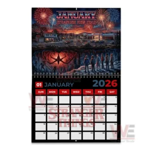 Stranger Things 2026 Wall Hanging Calendar 11 January twenty twenty six Stranger Things calendar page with fireworks above and a fiery underworld creature below.