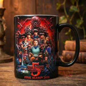 Black mug with illustrated group of teenagers and adults confronting a large red monster symbolizing the final season of a science fiction horror series!