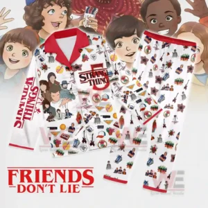 A colorful Stranger Things pajama set with character art series symbols and red trimmed details on both the top and pants!