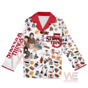 Stranger Things 5 Friends Dont Lie Pajamas Set 5 A pajama top covered in Stranger Things icons and character art featuring a red collar and matching trim!