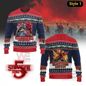 A red and blue Stranger Things sweater with cartoon characters on the front and a creature graphic with the series logo on the back!