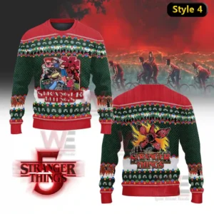 Stranger Things 5 Personalized Ugly Sweater 14 A red and green Stranger Things sweater with cartoon characters on the front and a creature themed back graphic!