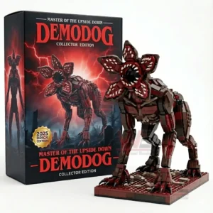 Brick built Demodog creature with an open petal mouth and clawed legs displayed on a base next to a dark collector edition box!