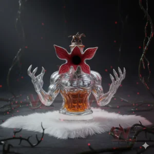 Demogorgon themed whiskey bottle with raised arms and flower shaped head displayed in a dark horror atmosphere!